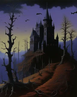 A dark purple Halloween themed castle painted by Caspar David Friedrich