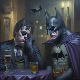 An oil painting of a dark universe masonic sad drunk batman and joker