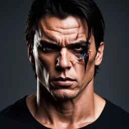 35 year old muscular evil male with medium length dark hair. scarred face. scowling expression, wearing a black teeshirt