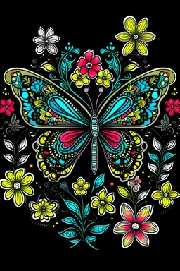 the cover for coloring book ,Easy Patterns , butterfly with flowers ,color , black background