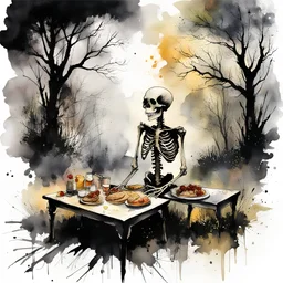 Skeleton picnic in a park at midnight, impressionism, watercolor painting, medium visible brush strokes, ink splatter, depiction of light in in its changing qualities, cosmic horror, by Claude Monet and Stephen Gammell and Sam Keith, opulent shadows, diagonal composition, by Russ Mills