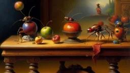 Realistic still life painting of ants carrying an apple on top of an anvil next to a colorful aquarium, intricate details, vibrant colors, studio lighting, by Jan van Eyck and Thomas Moran