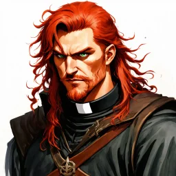 dnd, watercolour, illustration, portrait, realistic, rogue, male, sharp facial features, long red hair, green eyes, radiant, priest