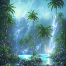 turquoise neon waterfall with palm trees sparkling at night in a cave detailed realistic glowing