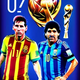 Lionel Messi und diego armando maradona halten gemeinsam in einem Station den Worldcup in der Hand, Fußball, stadion, viele menschen, perfect quality, argentinien