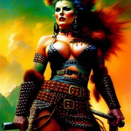 portrait oil on canvas, beautiful punk busty female Barbarian Warrior,green eyes, ,minimal armor,comic book cover, mystical colors,insanely detailed,realistic,intrincate detail, 16k resolution, masterpiece,Frank Frazetta,Alex Horley, Simon Bisley