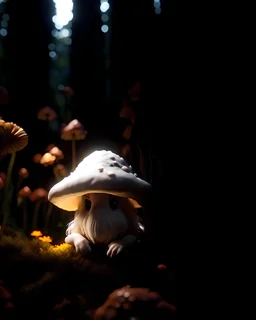 beatifulk white buuny with a mage hat and mushrooms growing from it, background blurred fo a elf forest at night, high detailed, 8k, fantasy, rpg