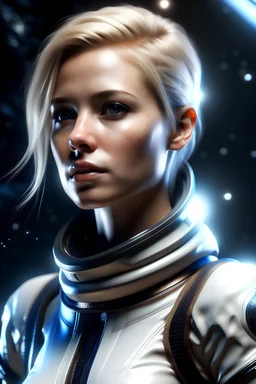 cosmos woman, blondhair, photorealistic, wet skin, space uniform, tanned skin, neckband,