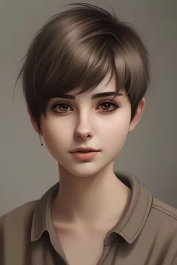 beauty girl,brown eyes , big nose,cream clothes, short hair brown color,thin lips, dimple, background grey, stand