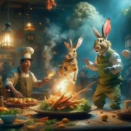 portrait of crazy cook and army officer shooting food with ligtening inside grove with huge fluffy levitating yoga hare with mutations getting blasted by explosions, 4 k, down-light, soft light, depth of field, photo realism, trending on art station, high detail, spray paint