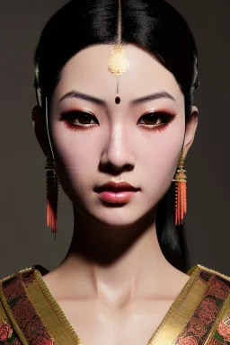 Samurai, portrait from waist up, intricate eyeliner, vibrant eyeshadow, clear completion, soft lighting, 4k resolution, intricate details, insanely detailed, colorful cityscape background, masterpiece, expert, cinematic smooth, retroanime style, realistic details