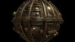 steampunk sphere with tubes, pipes, and wires floating in deep space, detailed