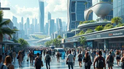 A futuristic scene depicting the bustling heart of a 2080 city center. The foreground features a diverse array of photorealistic individuals engaged with innovative, tech-enhanced elements - holographic displays, autonomous transportation, immersive public art. In the background, a panoramic vista of the larger city skyline - towering organic skyscrapers, elevated transit, verdant green spaces. Convey a sense of scale, depth and awe-inspiring technological wond