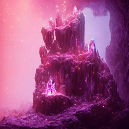 single pink crystal, on an altar in a foggy cave, cinematic,