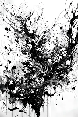 Make an abstract black and white ink drawing with the title ashes to ashes