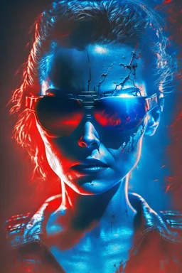 Photo of a half broken female Terminator, with dark sun glasses, bright red eye, Hollywood movie poster style, atmospheric blue light night time, high contrast dark moody lighting, full body shot