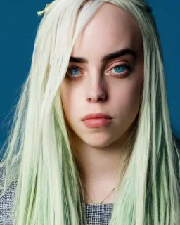 Billie Eilish, full body, on the bed, pale skin, high detail, realistic, 8k, not to be distinguished from a photo, identical pupils