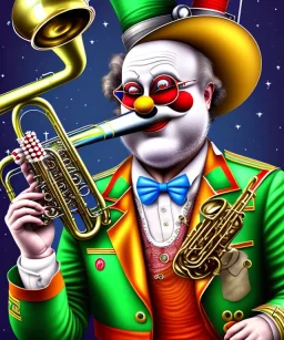 mechanoid happy old friendly fat clown with trimmed beard playing jazz with a steampunk theme, trumpet, realistic