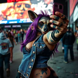 SCUZZPUNK AESTHETIC: FILTH, GRIME, STINK... SCUZZ. And a DEVIL-MAY-CARE FLIRTATIOUS SASSY IRREVERENCE. Denim vest, purple hair, anthropomorphic curvy, bottom-heavy she-hyena posing for a selfie outside the Superbowl