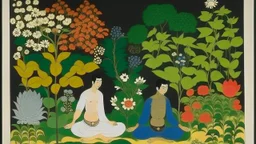 An illustration by Jakuchu and Picasso of of individuals practicing yoga surrounded by blooming flowers and lush vegetation.