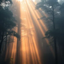 Award-winning fine art photography of majestic ancient forest illuminated by dramatic shafts of sunlight piercing through morning mist, extraordinary atmosphere, immersive depth, poetic composition, professionally captured in National Geographic fine art style, ultra realistic, masterpiece, gallery exhibition quality,, 64 k