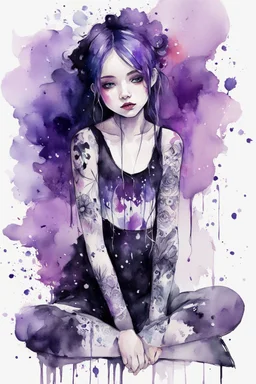 Petit girl goth many tattoos on his body, siting, fullbody, watercolor illustration by <agnes cecile>, purple tones,