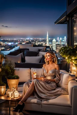 Middle shot from a beauty lady is sitting on the sofa in a nice shiny dress and enjoying the evening atmosphere. , a Roof terrace with sofas, one poof a small table with cocktail and potted plants. The area is lit by string lights, cozy atmosphere. the illuminated terrace and the view of the big city in the background makes this environment relaxing and spectacular. high detalied, cinematic