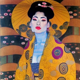 Retrato de cuerpo entero una Gheisha vestida con kimono muy guapa y voluptuosa con el estilo de Gustav Klimt