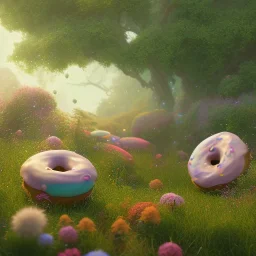 pixar style, volumetric summer garden environment and background, realistic painting of donuts rain, looking excited, volumetric lighting, dramatic lighting, detailed digital painting, extreme dense and fine fur, anime, ornate, colour-washed colors, elegant, small minutiae, tiny features, particulars, centered, smooth, sharp focus, renderman gofur render, 8k, uhd, detailed eyes, realistic shaded volumetric lighting, sunlight caustics, backlight, centered camera view