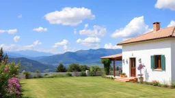 pretty moder villa very wide flat tiled yard in country side nice flowers in sides,nice blue mountains at distant,white cloudes in blue sky