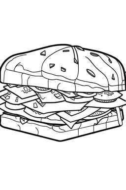 Coloring page for toodlers, with a sandwich, very Bold outlines and white background, minimal number of elements, very simple, very thick outlines