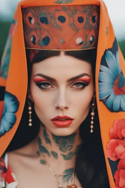 Beautiful Arab woman, petite, short, big eyes and lips, vibrant color, neck tattoo and full sleeves tattoo, thin, tattoos connected, Full coverage chest tatoo, tattoo style complex and colorful and large drawings by (petra collins|roe ethridge, elllen von unwerth, Jan Saudek)