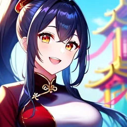 Clear focus, 8k, high quality, detailed, beautiful lighting, girl, vibrant colors, blue long hair, vibrant red eye, golden eye, chinese clothes, ponytail, laughing