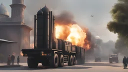 4K Photorealism: Big black missile on top of truck, Background of burning and exploding buildings and mosques, Daylight lighting photography effects