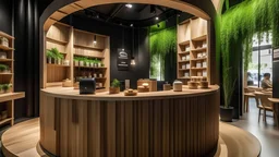 Génère moi un stand sur le thème du café Nespresso, notamment le café compostable. Donc un stand dans un esprit papier, bois et végétal. Avec des espaces pour échanger et discuter.