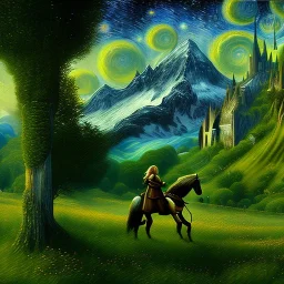 Epic Drawing of scenery with human on horse of The LOTR estilo Van Gogh 4k