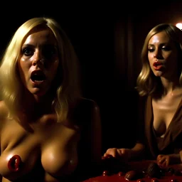 Horror movie shot, spooky, very hot, ultra realistic, dine, ultra realistic hot blonde women, party, pieces of meat, they enjoy, organs, ail, dynamic, very excited people, hypermaximalist figures, light, 1970's Italian horror movie, sinister,, Dario Argento, Stanley Kubrik, ornate, 4k, photorealism