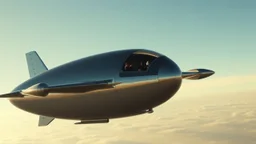 a high definition screen shot of a jet-fighter vw-beetle, blimp retrofuturistic, phototrealism, in flight, one subject,