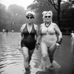 [photo by Diane Arbus] Tank Girl and Madonna as middle age ladies wearing swimsuits caught in a heavy summer rain in central park, happy with no inhibitions