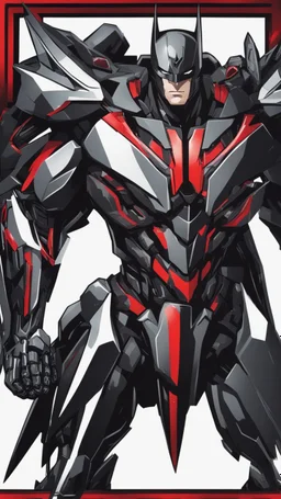 A close picture to Mix between symbiote and machine and batman in transformers cyborg with black metal and red details armor in solo leveling shadow art style with red details detailsis in fantasy world