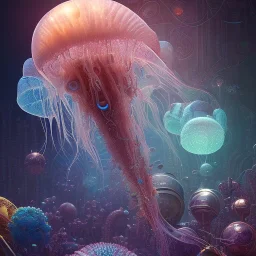 biomorphic jellyfish morphed with electronic wiring and mixed with lighting, Nanopunk and Biopunk with cyberpunk look, wonderful ambient colors, art by Jarosław Jaśnikowski mixed with Sheila Martin mixed with Fletch mixed with Frank Sun, Alena Aenami.