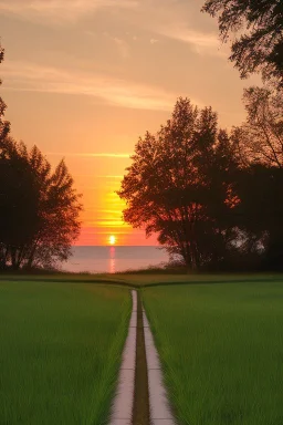 Sunset, grass, pathway