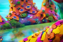 of a colorful lakeside with strange cute friendly creatures with huge eyes, mouth, long tongue and round teeth appearing from the waters, in the style of gehry and gaudi, macro lens, highly detailed, shallow depth of fielf, digital painting, trending artstation, concept art, illustration, cinematic lighting, vibrant colors, photorealism, epic, octane render