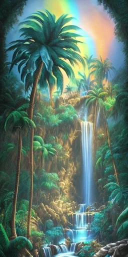 Triipy rainbow turquoise neon waterfall with palm trees sparkling at night in a cave detailed realistic glowing