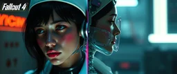 cyberpunk fallout 4, high-end advertisement image for a fictional service called “Splice Girls Nurses, Rebuilding Bone Structure on Transparent People™”. Split-screen composition with two contrasting emotional states.
