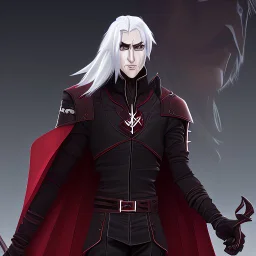 Vampire knight, young man, handsome, long white hair, black full plate armor, red cape