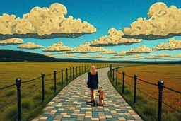 create a surreal mosaic walkway inspired by René Magritte, realistic textures combined with impossible elements, blonde girl walking her dog under a sky of mosaic clouds shaped like people, mysterious and poetic --ar 3:2 --v 7 --style raw