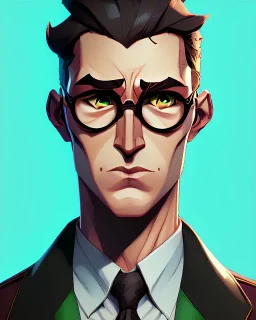 Fit man in round glasses, wavy hair, stubble, slim, tie, monotone, green eyes, comic book style, two tone colours, detailed, ink, realistic, handsome, square jaw, big brows, no jacket, bird on the shoulder, spotlight