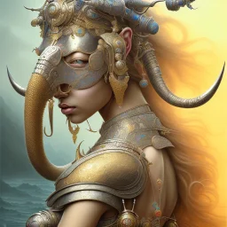 Sango fantasy, fantasy magic, intricate, sharp focus, illustration, highly detailed, digital painting, concept art, matte, art germ and Paul Lewin and Kehinde Wiley, masterpiece silver elephant head bronze Asian African girl nice breast Hawaiian hair turquoise golden waves