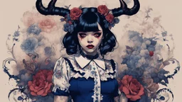 Poster in two gradually, a one side wears a smart shirt which is embroidered with bluered flowers and ornaments, has dark eyes and horns,malevolent goth vampire girl face and other side the Singer Melanie Martinez face, full body, painting by Yoji Shinkawa, darkblue and sepia tones,